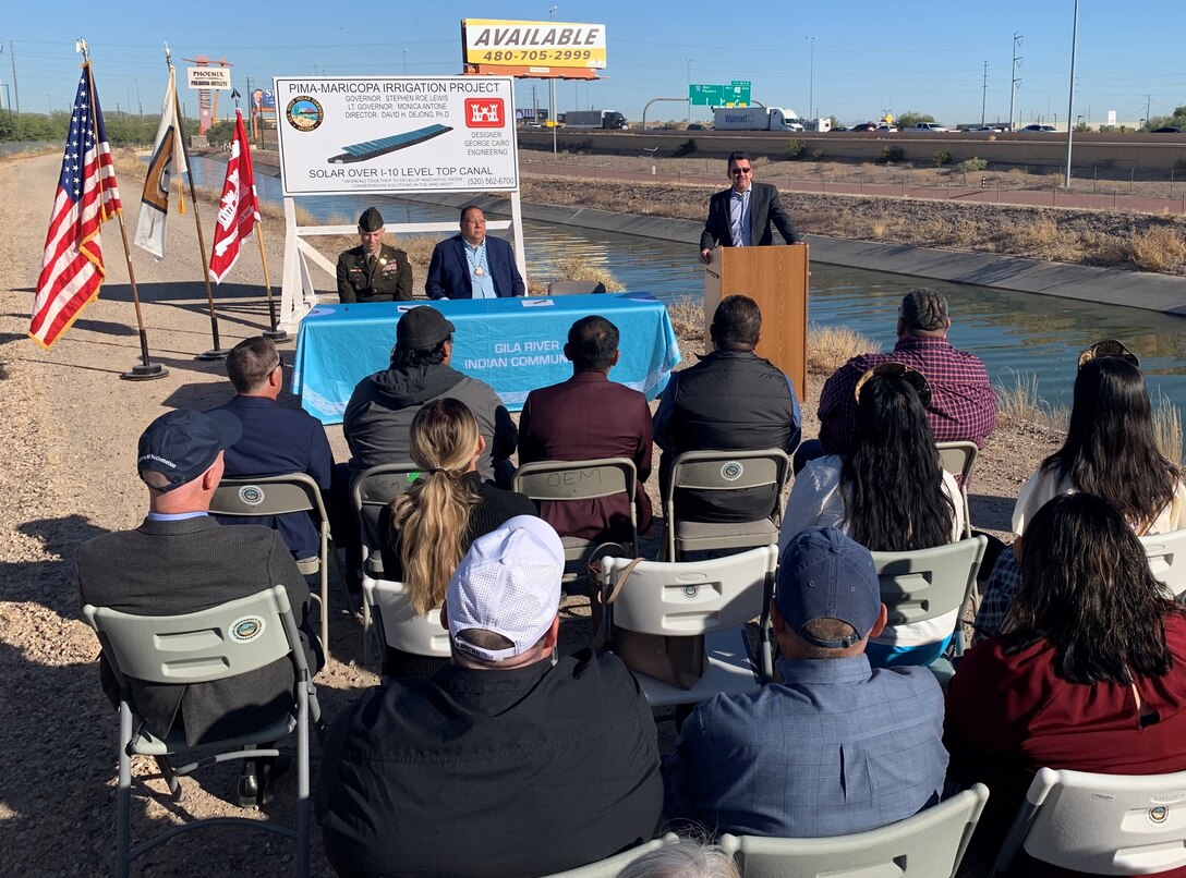 The Gila River Indian Community and the U.S. Army Corps of Engineers commemorate a project partnership agreement signing during a ceremony Nov. 9. at the Gila River Indian Reservation in Arizona. The This project is scheduled to be the first solar-over-canal project constructed in the U.S