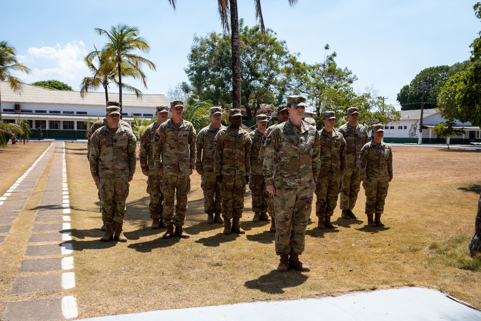 U.S. Army National Guard Soldiers stand at attention during a promotion ceremony in Macapa, Brazil, Nov. 16, 2023. Forty-four New York National Guard Soldiers working alongside active-duty Army and Brazilian Army Soldiers conducted three weeks of training in Northern Brazil Nov. 1-16.