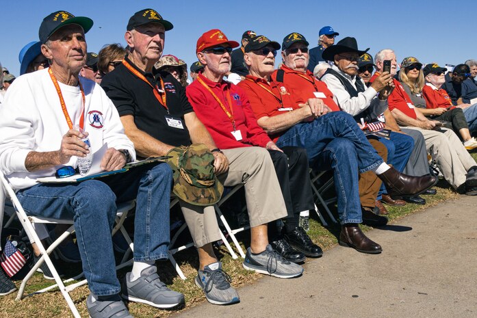 U.S. Marine veterans who served with 2nd Battalion, 1st Marine Regiment, 1st Marine Division, listen to guest speakers during the annual Mt. Soledad Veteran’s Day Ceremony in La Jolla, California, Nov. 11, 2023. This year’s ceremony commemorated the 50th anniversary of the Vietnam War. The Mt. Soledad National Veterans Memorial is an official partner of the United States of America Vietnam War Commemoration, which was launched by President Barack Obama in 2012. The commemoration was authorized by Congress to commemorate the 50th anniversary of the Vietnam War. This commemoration effort has been continued under Presidential proclamations by both President Donald Trump and President Joseph Biden. (U.S. Marine Corps photo by Staff Sgt. Melissa L. Karnath)