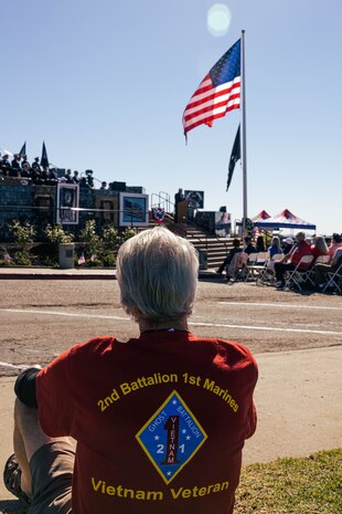 A U.S. Marine Corps Vietnam veteran listens to speakers at the annual Mt. Soledad Veteran’s Day Ceremony, La Jolla, Calif., Nov. 11, 2023. This year’s ceremony commemorated the 50th anniversary of the Vietnam War. (U.S. Marine Corps photo by Staff Sgt. Melissa L. Karnath)