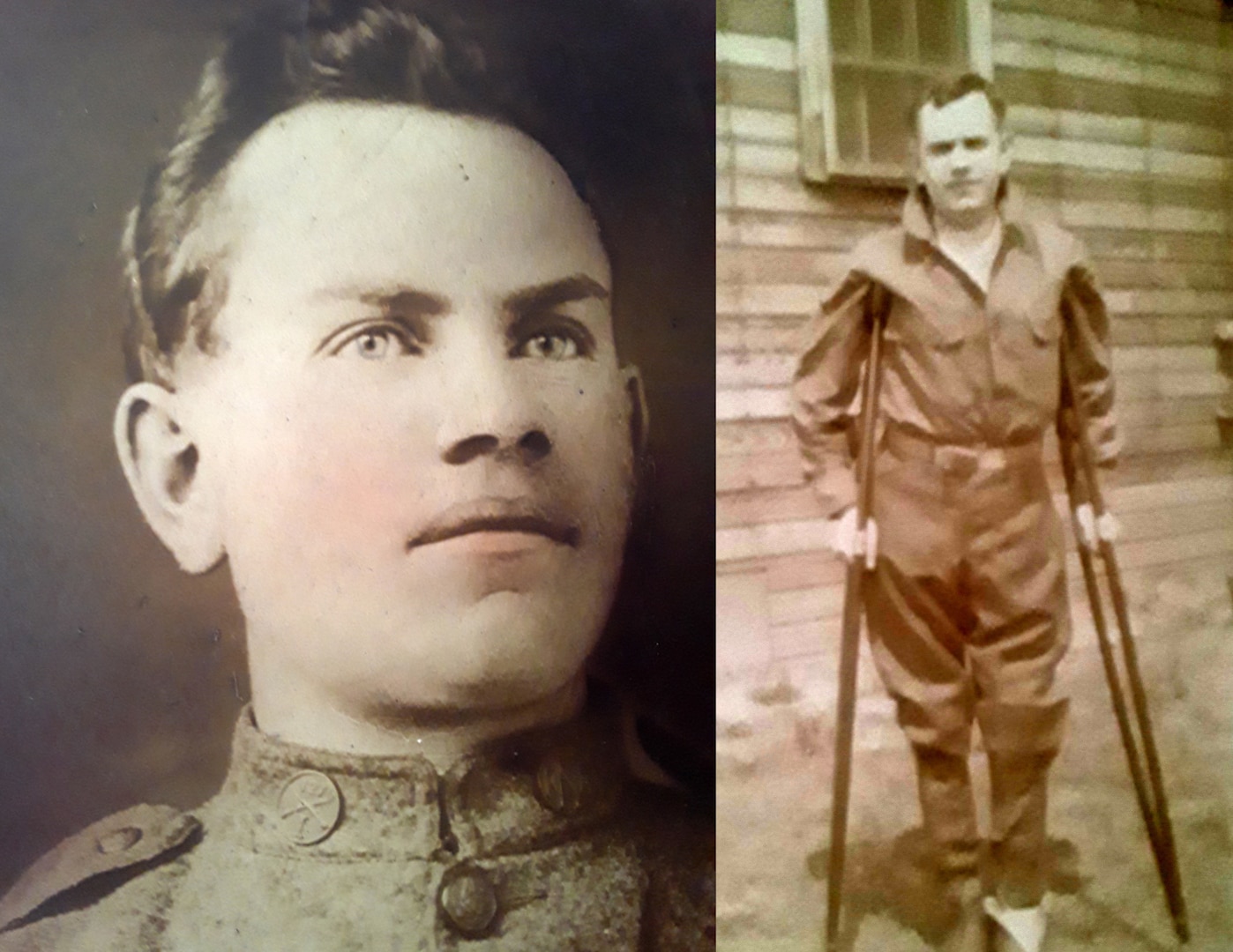Pvt. George Arts in a studio setting, left, and recovering from his combat injuries, right. Arts enlisted in the Wisconsin Army National Guard’s 2nd Battalion, 127th Infantry Regiment, Company I, and was severely wounded Aug. 4, 1918, during the battalion’s assault on the town of Fismes.