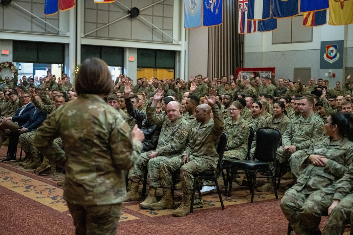 Chief Master Sgt. of the Air Force JoAnne S. Bass speaks at an all-call Nov. 29, 2023, at McConnell Air Force Base, Kansas. Bass discussed the future for the Air Force and addressed Team McConnell’s questions and concerns. (U.S. Air Force photo by Airman 1st Class Felicia Przydzial)