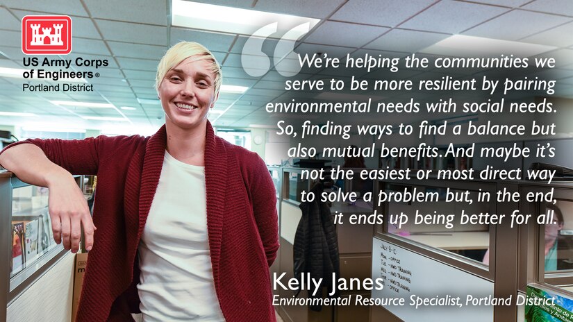 A woman stands in an office with text on the right side of the image. "We're helping the communities we serve to be more resilient by pairing environmental needs with social needs. So, finding ways to find a balance but also mutual benefits. And maybe it's not the easiest or most direct way to solve a problem but, in the end, it ends up being better for all.