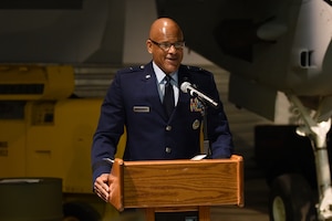 Photo of Brig. Gen. Kelvin McElroy speaking behind a podium.
