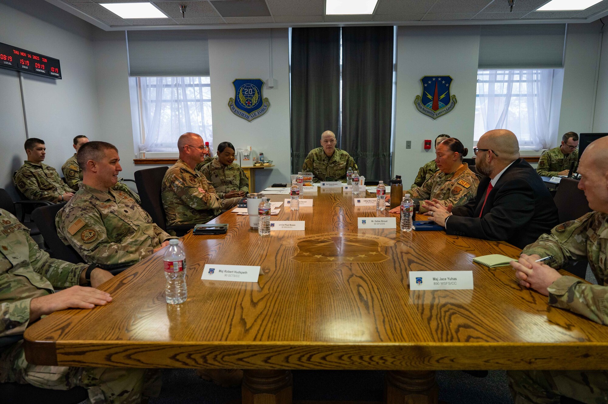 Air Force Global Strike Command leaders talk to security forces leaders.