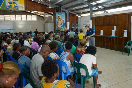 U.S. Navy Sailors provide optometry services during a community health engagement at the Holy Cross Cathedral in Honiara, Solomon Islands, as part of Pacific Partnership 2024-1, Dec. 2, 2023. Pacific Partnership, now in its 19th iteration, is the largest multinational humanitarian assistance and disaster relief preparedness mission conducted in the Indo-Pacific and works to enhance regional interoperability and disaster response capabilities, increase security stability in the region, and foster new and enduring friendships. (U.S. Navy photo by Mass Communication Specialist 2nd Class Jacob Woitzel)