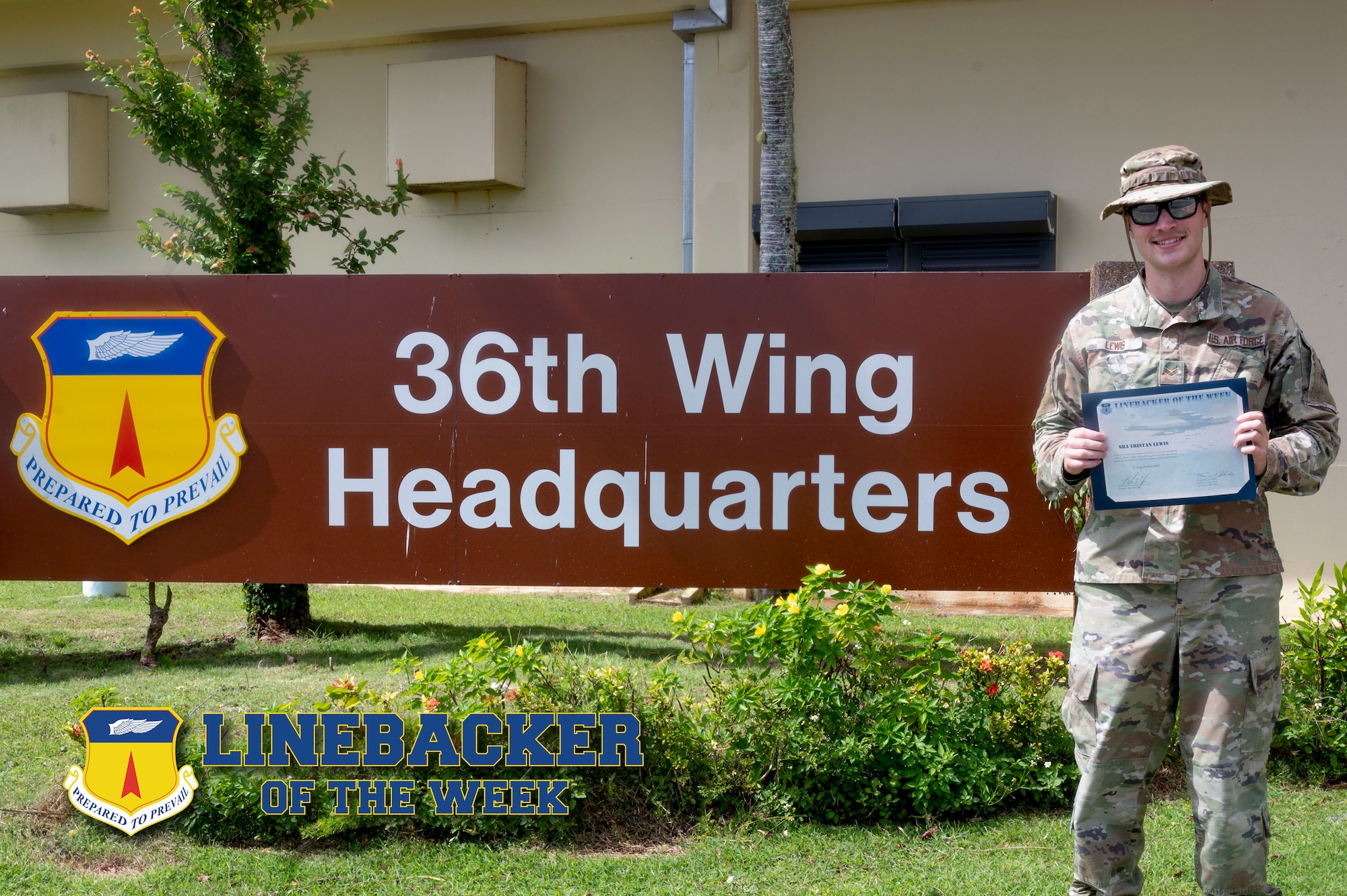 U.S. Air Force Senior Airman Tristan Lewis, a wing administrator for the 36th Wing, poses for a photo at Andersen Air Force Base, Guam, Nov. 29, 2023. The Team Andersen Linebacker of the Week recognizes outstanding enlisted, officer, civilian and total force personnel who have had an impact on achieving Team Andersen’s mission, vision and priorities. (U.S. Air Force photo illustration by Senior Airman Emily Saxton)
