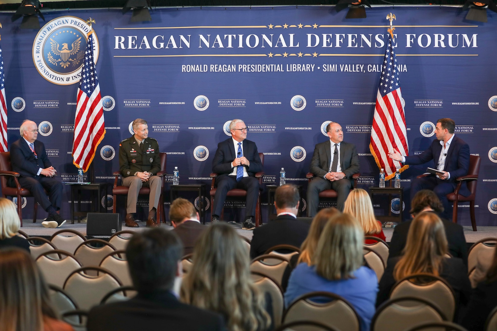 Army Gen. Daniel Hokanson, chief, National Guard Bureau, participates in a panel discussion at the 2023 Reagan National Defense Forum at the Ronald Reagan Presidential Library and Museum, Simi Valley, California, Dec. 2, 2023.