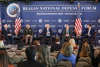 Army Gen. Daniel Hokanson, chief, National Guard Bureau, participates in a panel discussion at the 2023 Reagan National Defense Forum at the Ronald Reagan Presidential Library and Museum, Simi Valley, California, Dec. 2, 2023.