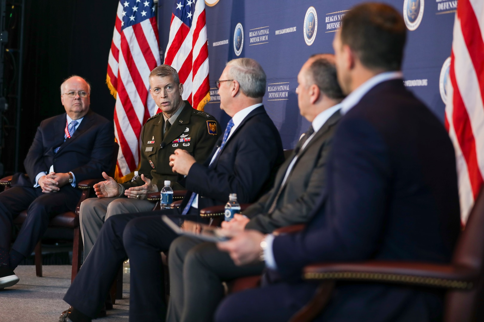 Army Gen. Daniel Hokanson, chief, National Guard Bureau, participates in a panel discussion at the 2023 Reagan National Defense Forum at the Ronald Reagan Presidential Library and Museum, Simi Valley, California, Dec. 2, 2023.