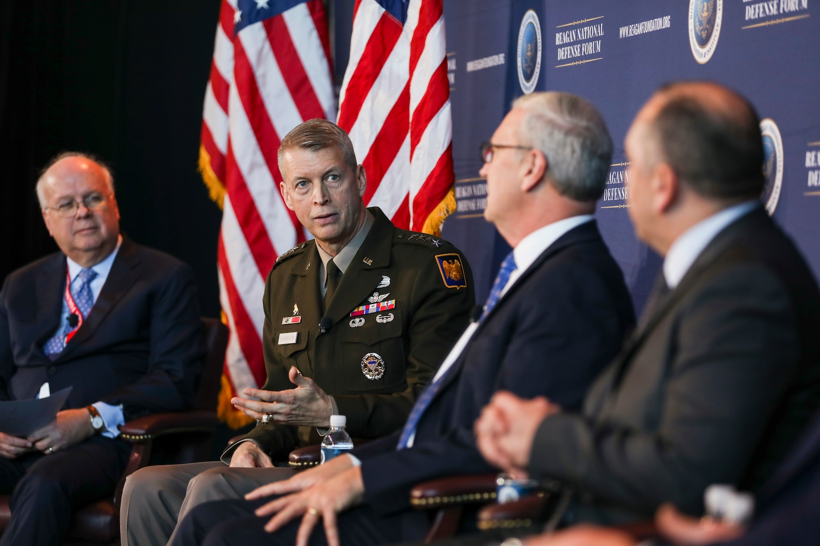 Army Gen. Daniel Hokanson, chief, National Guard Bureau, participates in a panel discussion at the 2023 Reagan National Defense Forum at the Ronald Reagan Presidential Library and Museum, Simi Valley, California, Dec. 2, 2023.