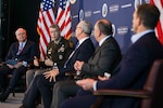 Army Gen. Daniel Hokanson, chief, National Guard Bureau, participates in a panel discussion at the 2023 Reagan National Defense Forum at the Ronald Reagan Presidential Library and Museum, Simi Valley, California, Dec. 2, 2023. Hokanson joined U.S. Sen. Kevin Cramer of North Dakota, Under Secretary of the Army Gabriel O. Camarillo, and Karl Rove to discuss how to boost military recruitment and readiness.