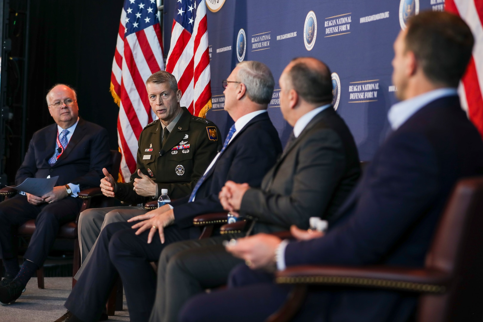 Army Gen. Daniel Hokanson, chief, National Guard Bureau, participates in a panel discussion at the 2023 Reagan National Defense Forum at the Ronald Reagan Presidential Library and Museum, Simi Valley, California, Dec. 2, 2023.