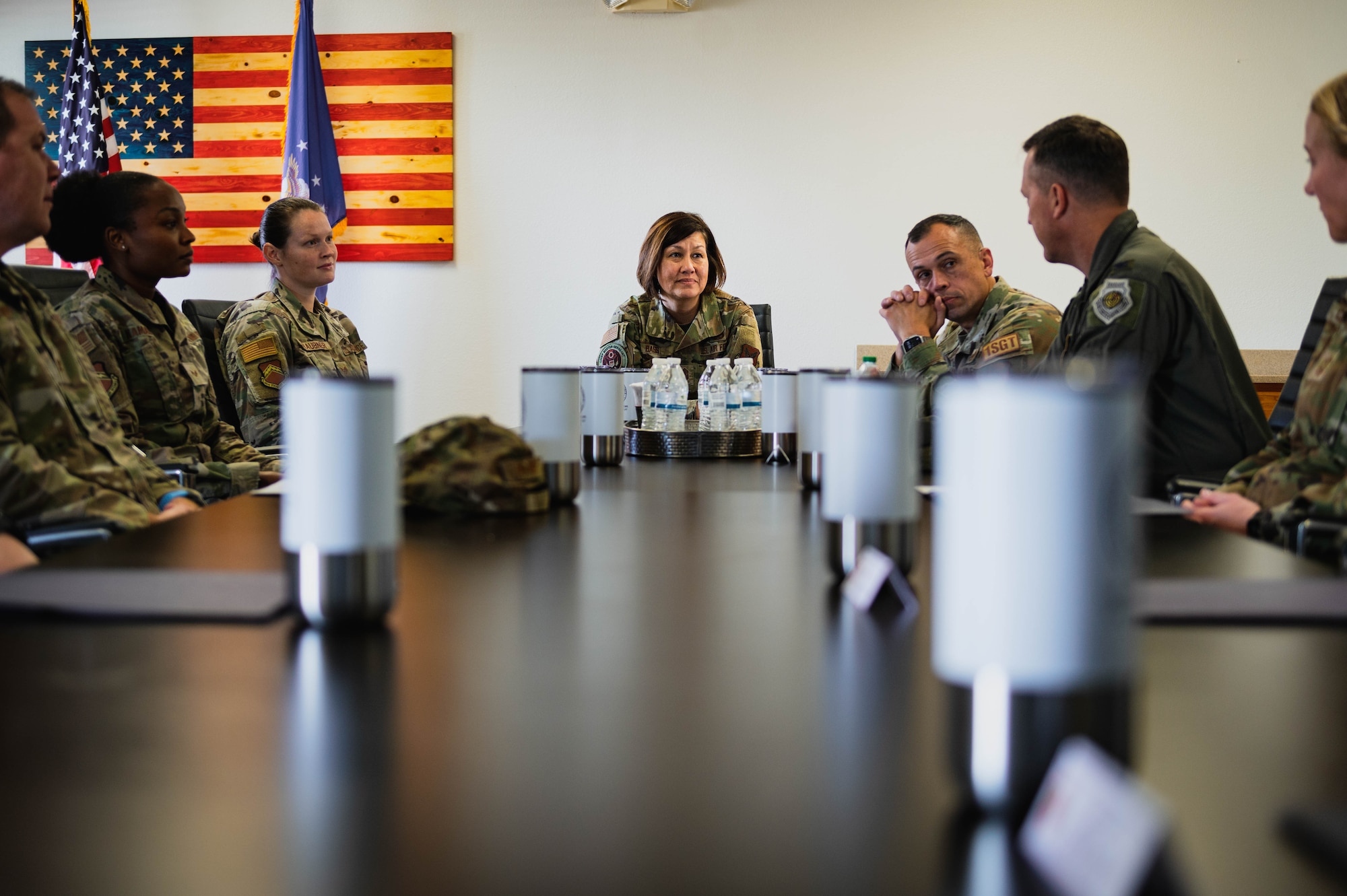 Chief Master Sgt. of the Air Force Joanne Bass engages with Luke Air Force Base Chapel Team Airmen.