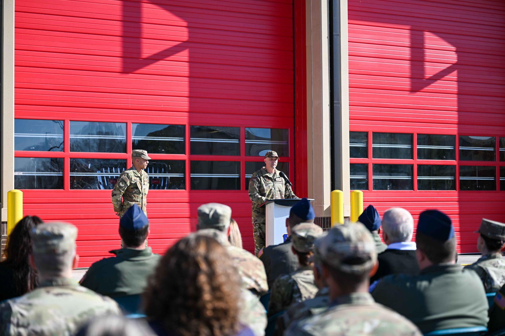 U.S. Air Force Col. Jeff Marshall, 97th Air Mobility Wing commander, gives a speech at the opening of the 97th Civil Engineer Squadron’s headquarters fire station at Altus Air Force Base, Oklahoma, Dec. 1, 2023. Leadership, base personnel, and members of the local community came to celebrate the opening of the new fire station. (U.S. Air Force photo by Airman 1st Class Kari Degraffenreed)