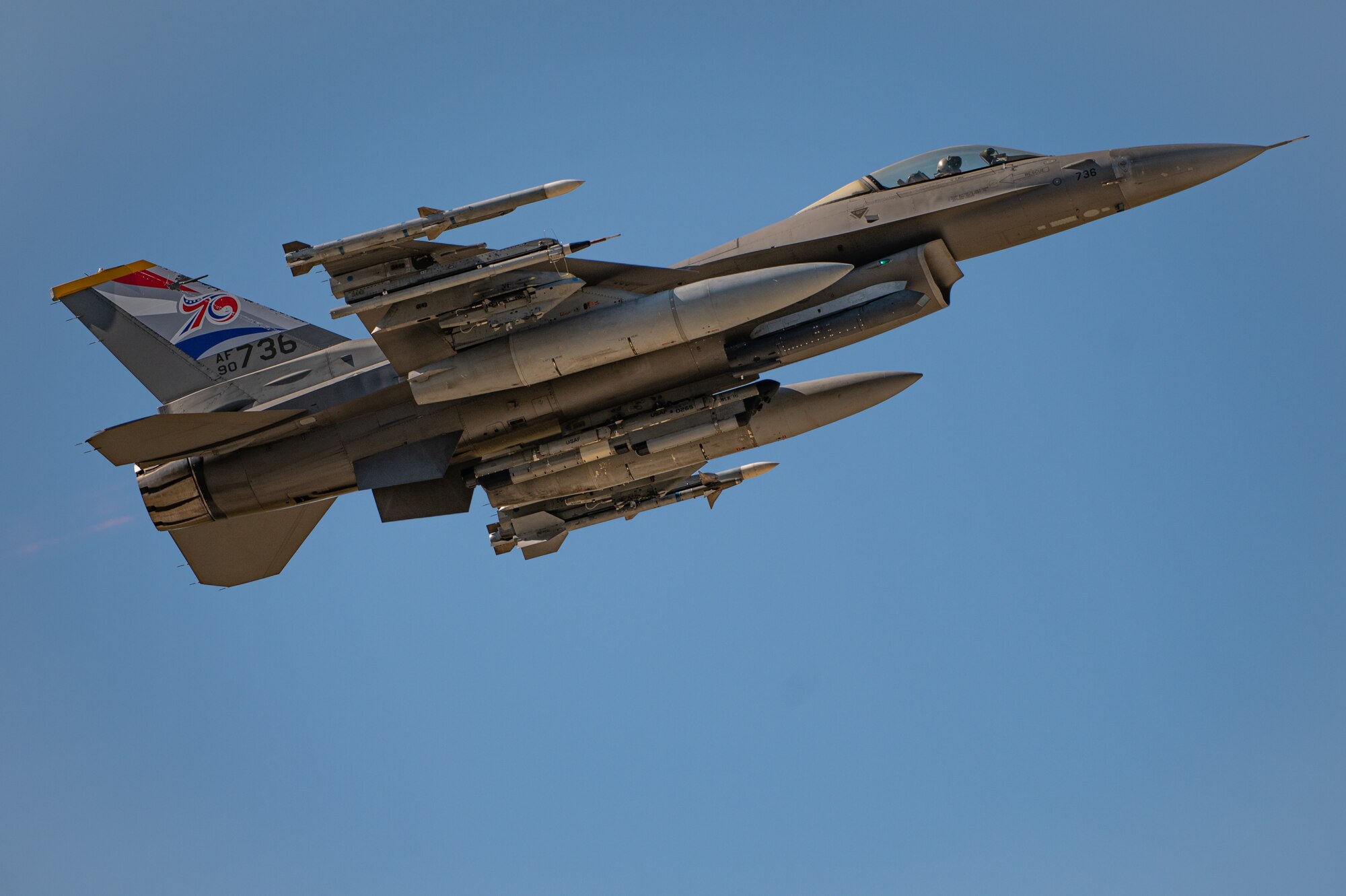 A U.S. Air Force F-16 Fighting Falcon assigned to the 80th Fighter Squadron takes off for routine operations at Kunsan Air Base