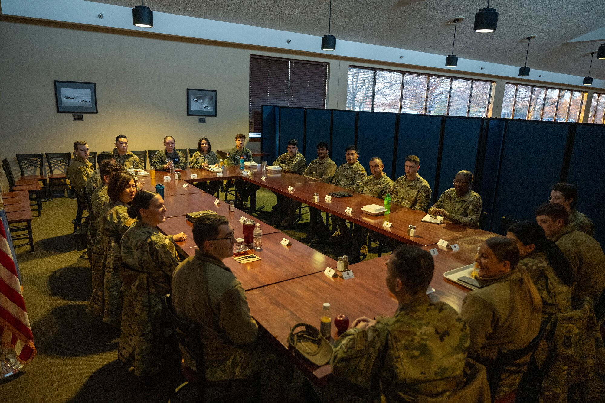 Chief Master Sgt. of the Air Force JoAnne S. Bass met with junior Airmen for breakfast Nov. 29, 2023, at McConnell Air Force Base, Kansas. During her visit to McConnell, Bass met with Airmen, toured a KC-46A Pegasus and held an all-call for the team. (U.S. Air Force photo by Airman 1st Class Felicia Przydzial)