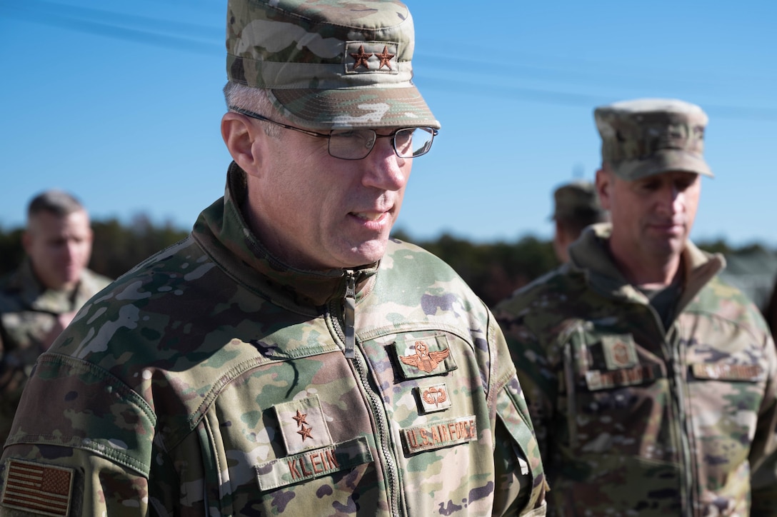 U.S. Air Force Maj. Gen. John Klein, U.S. Air Force Expeditionary Center commander, participates in an immersion brief at Joint Base McGuire-Dix-Lakehurst, N.J., Nov. 20, 2023. JB MDL conducted a tour on Fort Dix to demonstrate the base’s readiness to rapidly train and respond to new threats globally. (U.S. Air Force photo by Airman 1st Class Aidan Thompson)