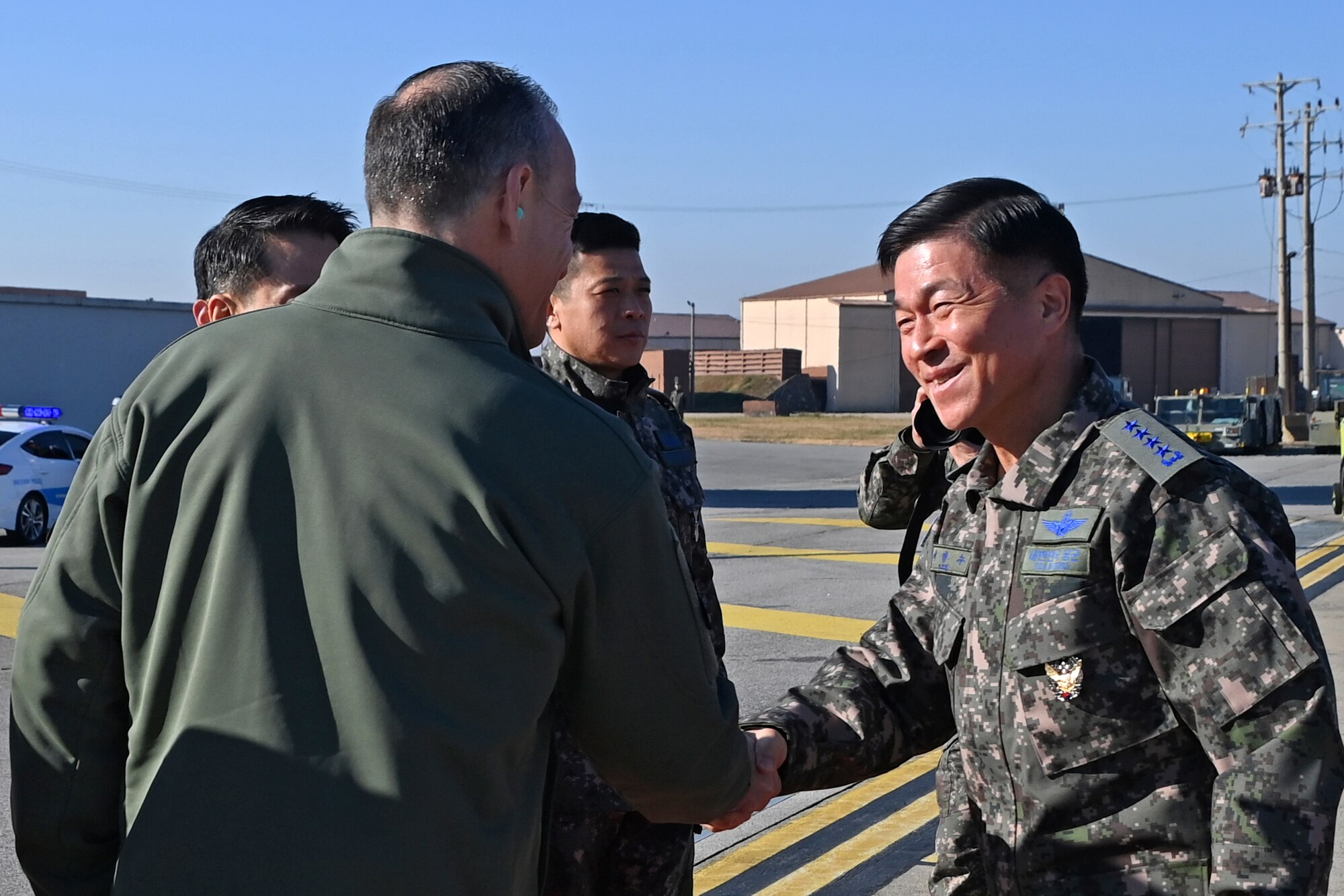 Republic of Korea Air Force Chief of Staff, Gen. Lee, Young Su, right, shakes hands with U.S. Lt. Gen. Scott L. Pleus, 7th Air Force commander, at Osan Air Base, ROK, Dec. 4, 2023.