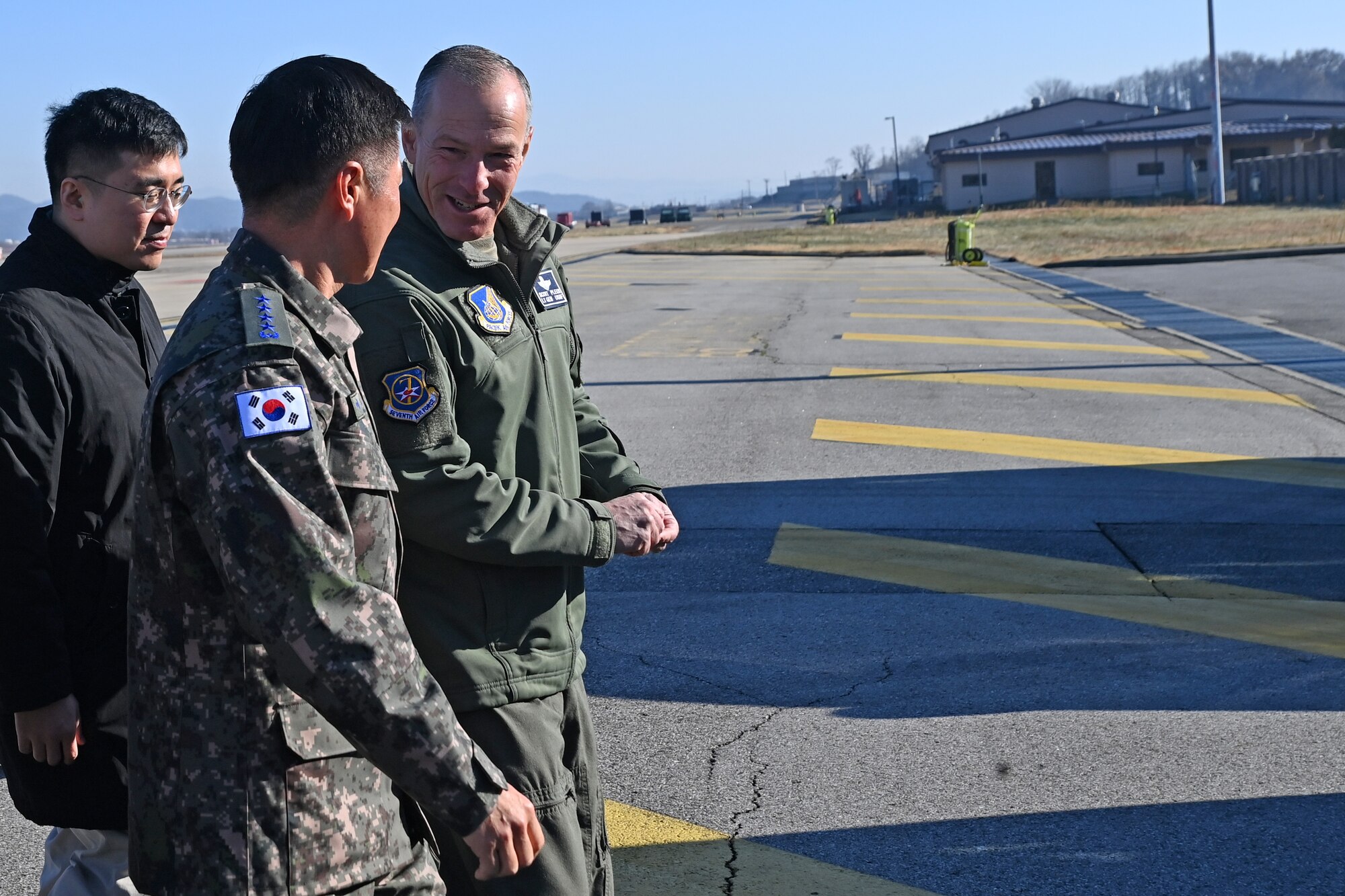 U.S. Lt. Gen. Scott L. Pleus, 7th Air Force commander, right, speaks with Republic of Korea Air Force Chief of Staff, Gen. Lee, Young Su, at Osan Air Base, ROK, Dec. 4, 2023.