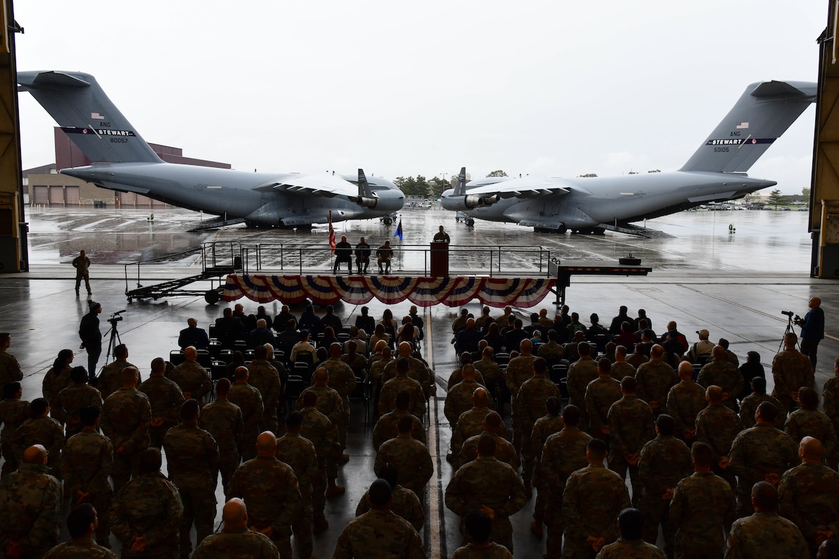 Airmen of the 105th Airlift Wing attend a winglet art unveiling ceremony at Stewart Air National Guard base.