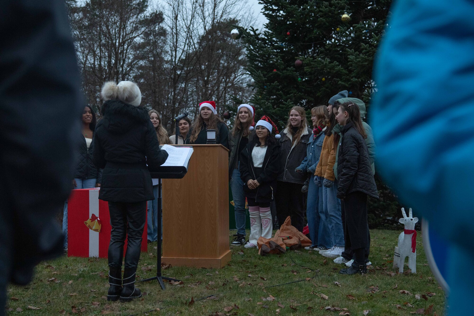 A chorus group sings