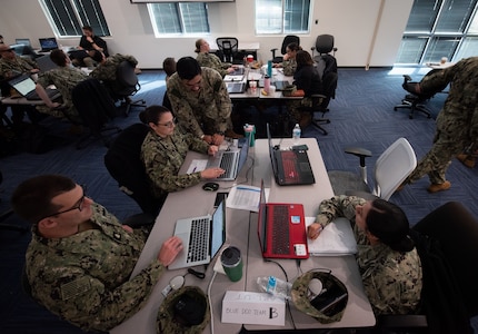 Navy Reserve Sailors from the Naval Information Warfare Systems Command (NAVWAR) Reserve Program Cyber Pillar participate in GIBSON CASTLE 23 in Charleston, South Carolina. The four-day exercise, hosted by Naval Information Warfare Center (NIWC) Atlantic’s Cyber Security Service Provider (CSSP), was designed to teach the Reserve Sailors strategies in defensive cyber operations.