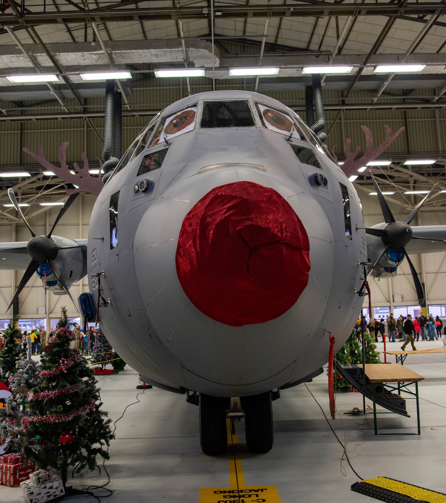 Aircraft decorated as Rudolph the red nosed reindeer sits in hangar.