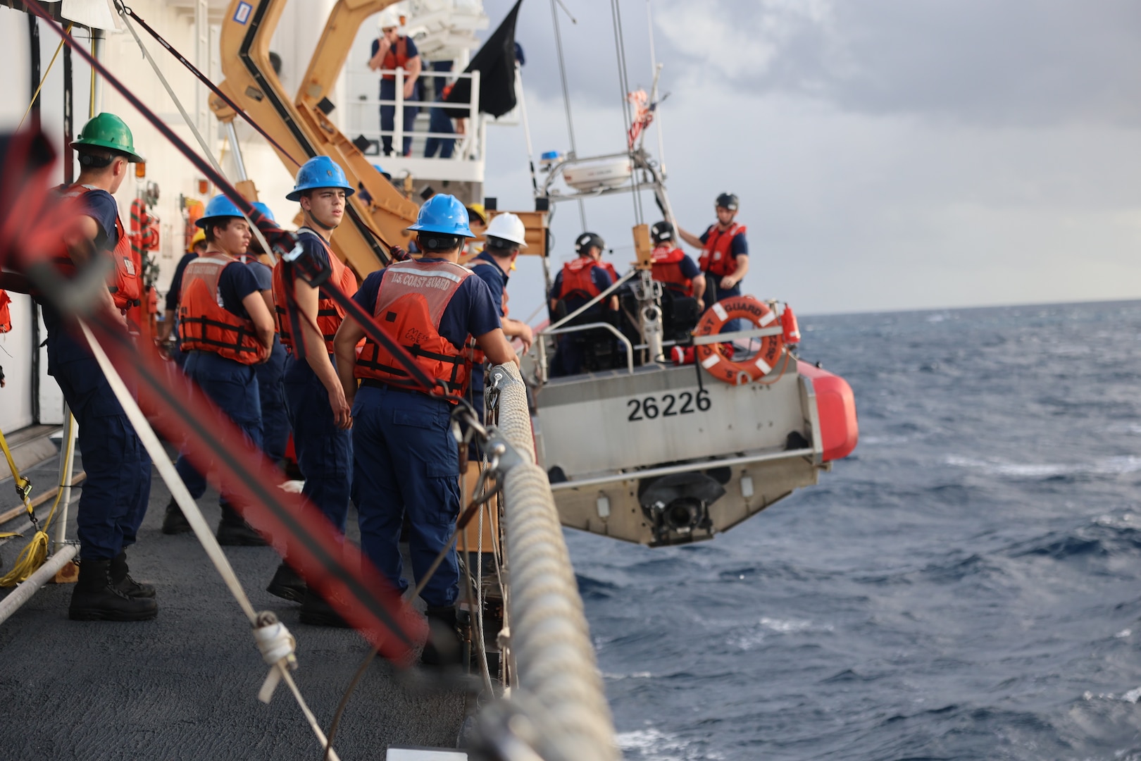 The crew of the U.S. Coast Guard Cutter Tahoma (WMEC 908) lowers the cutter’s small boat in the Florida Straits, Oct. 28, 2023. Tahoma deployed for a 65-day patrol and conducted maritime safety and security missions while supporting Homeland Security Task Force – Southeast.