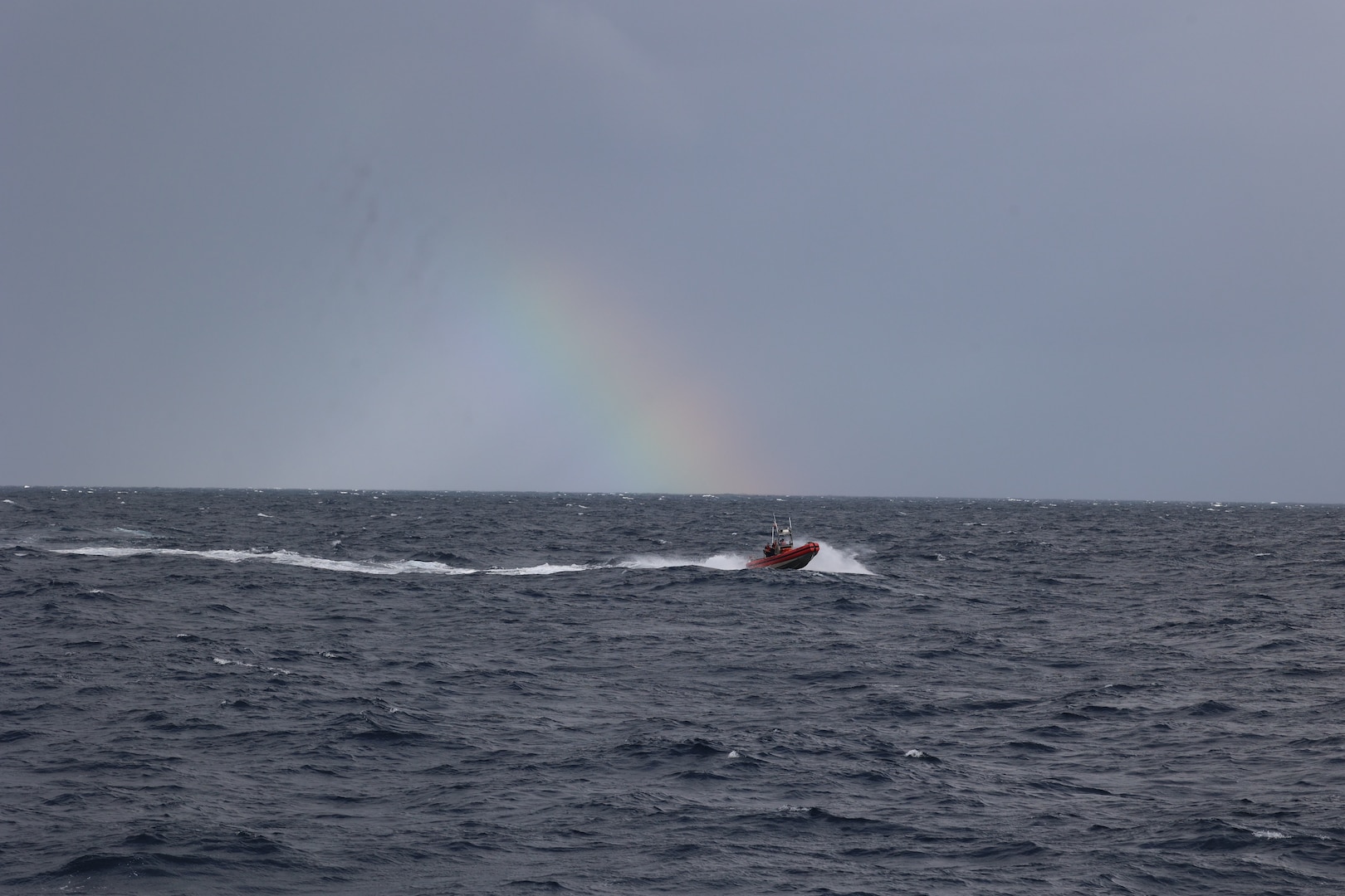The crew of the U.S. Coast Guard Cutter Tahoma (WMEC 908) drive the cutter’s small boat in the Florida Straits, Oct. 28, 2023. Tahoma deployed for a 65-day patrol and conducted maritime safety and security missions while supporting Homeland Security Task Force – Southeast.