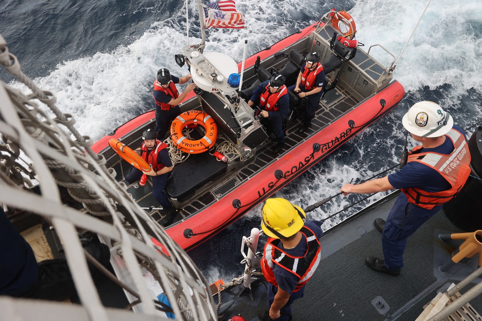 The crew of the U.S. Coast Guard Cutter Tahoma (WMEC 908) conducts small boat drills in the Florida Straits, Oct. 28, 2023. Tahoma deployed for a 65-day patrol and conducted maritime safety and security missions while supporting Homeland Security Task Force – Southeast.