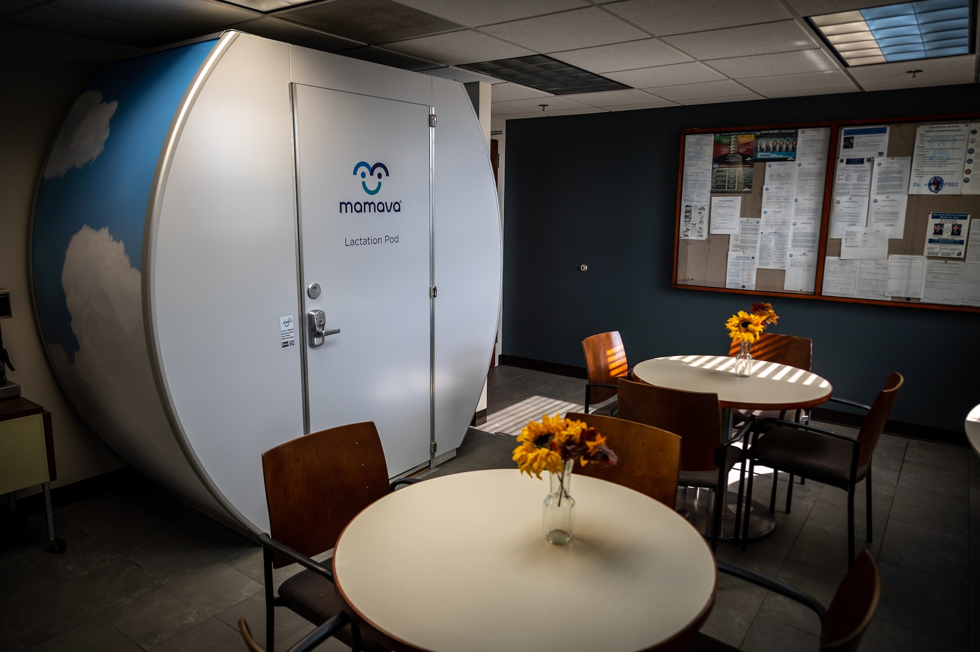 Outside view of the recently installed lactation pod at the 932nd Airlift Wing headquarters building, room 122. The pod will provide a private room equipped with the resources needed for women to safely breastfeed and pump breastmilk regardless of the work location. (U.S. Air Force photo by Christopher Parr)