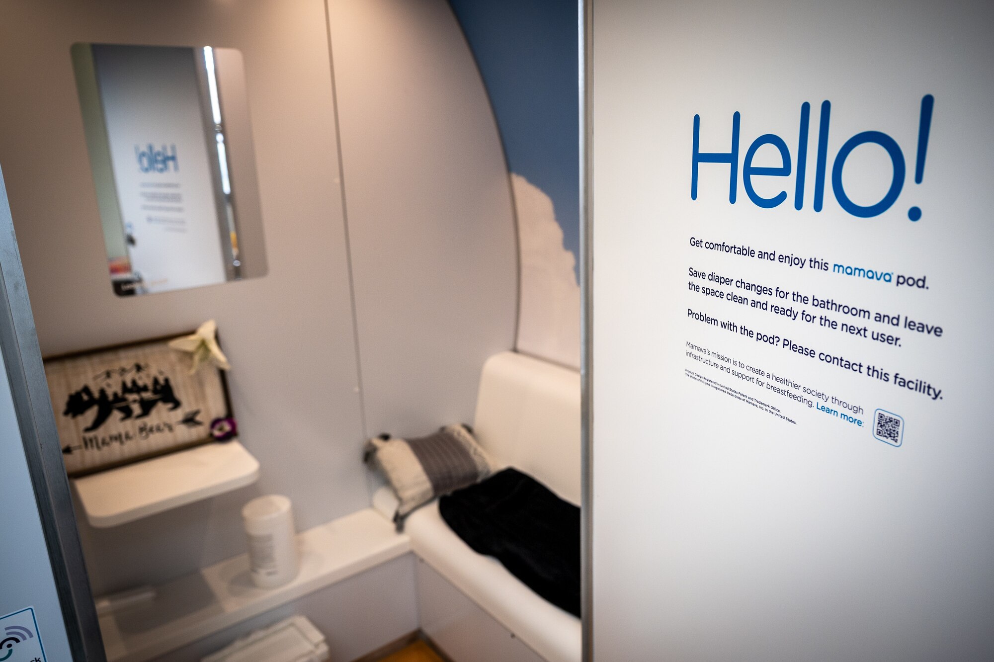 Inside view of the recently installed lactation pod at the 932nd Airlift Wing headquarters building. The pod will provide a private room equipped with the resources needed for women to safely breastfeed and pump breastmilk regardless of the work location. (U.S. Air Force photo by Christopher Parr)