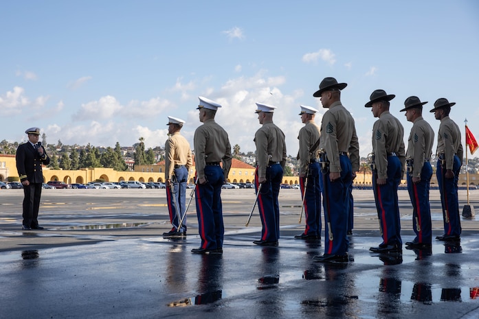 U.S. Navy Chaplain, Lt. Eliseo Morales Jr., gives the prayer for the graduating Marines and families of Kilo Company, 3rd Recruit Training Battalion at Marine Corps Recruit Depot San Diego, Dec.1, 2023. Graduation took place at the completion of the 13-week transformation, which included training for drill, marksmanship, basic combat skills, and Marine Corps customs and traditions. Eliseo is a native of Los Angeles, California. (U.S. Marine Corps photo by Lance Cpl. Sarah M. Grawcock)