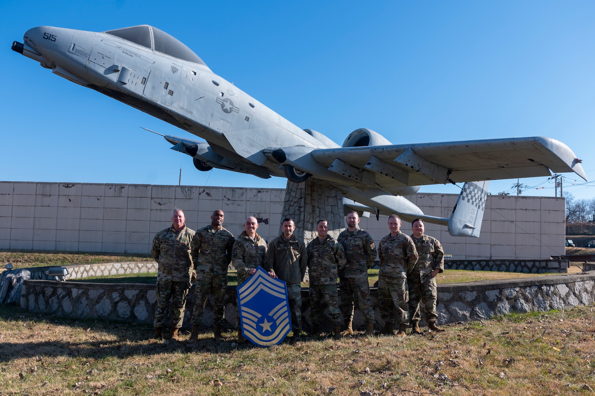 Chief master sergeant selectees from the 51st Fighter Wing pose for a photo before their release party at Osan Air Base, Republic of Korea, Nov. 30, 2023. Across the Air Force, 506 out of 2,249 senior master sergeants were promoted for a selection rate of 22.5 percent. (U.S. Air Force photo by Senior Airman Kaitlin Castillo)