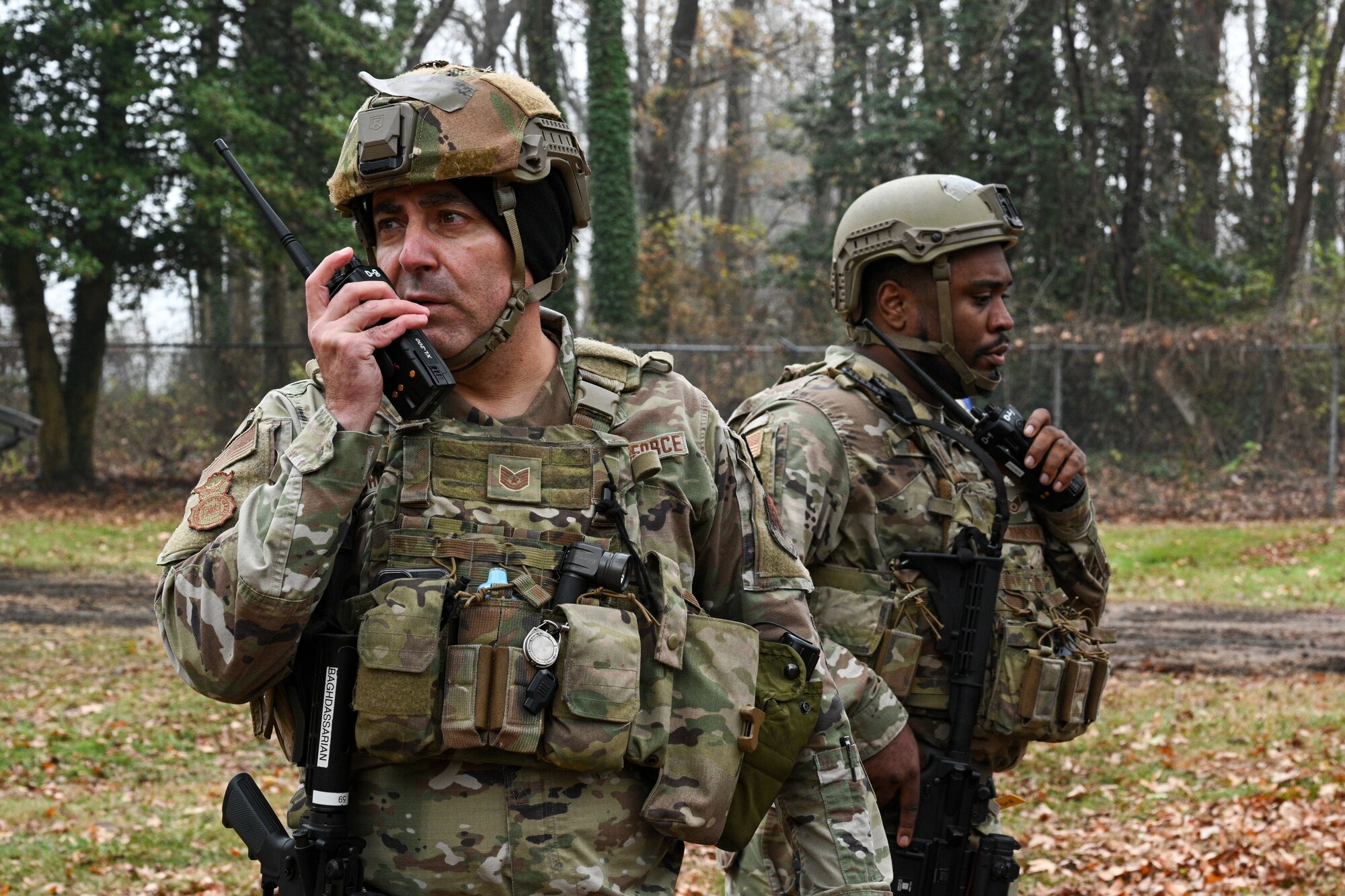 Maryland Air National Guard Tech. Sgt. Edmond Baghdassarian and Staff Sgt. Stefond Johnson, 175th Security Forces Squadron, establish communications during Operation Frosty Strike at Martin State Air National Guard Base, Middle River, Maryland, Dec. 2, 2023.