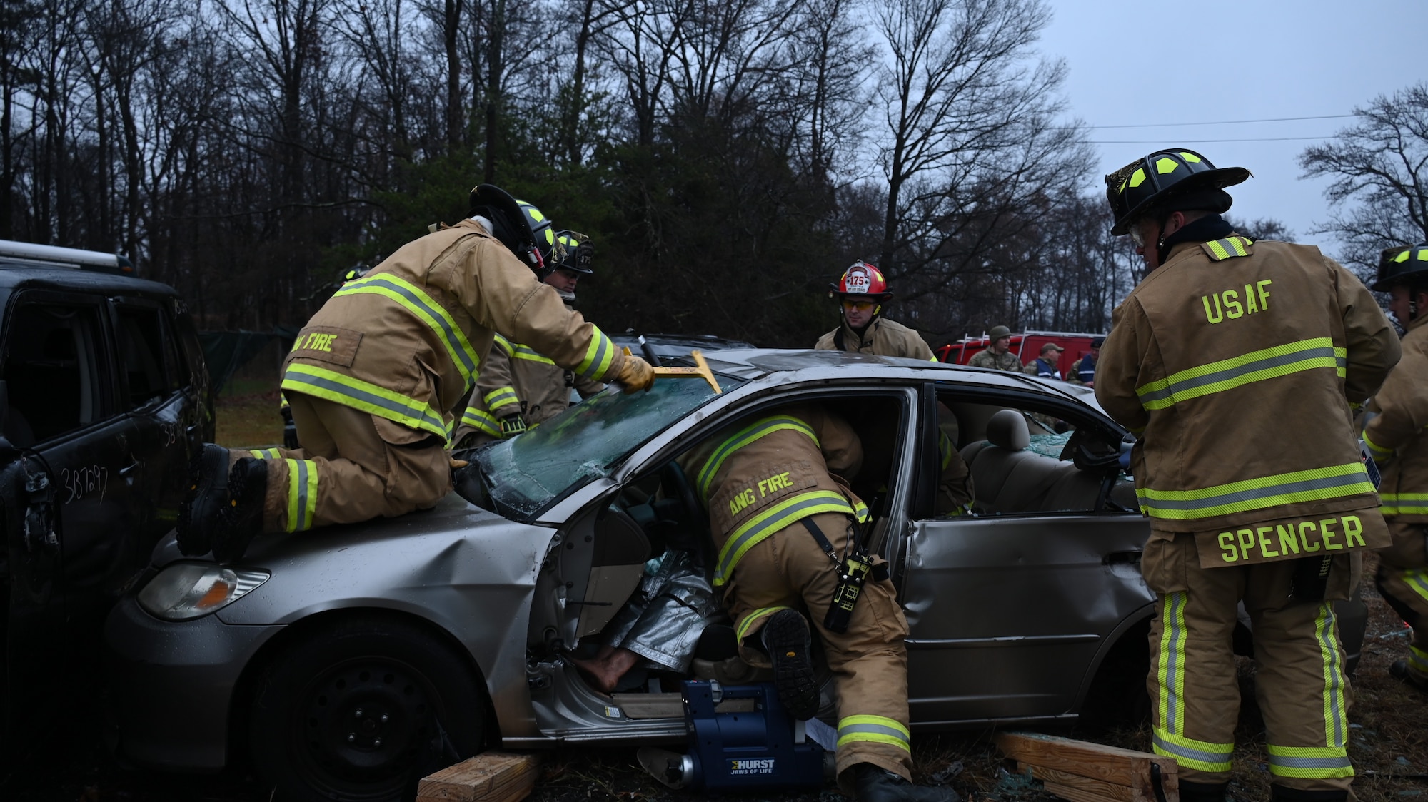 Airmen from the 175th Wing Fire Department practice crash response during readiness exercise Operation Frosty Strike at Martin State Air National Guard Base, Middle River, Maryland, Dec 3, 2023.