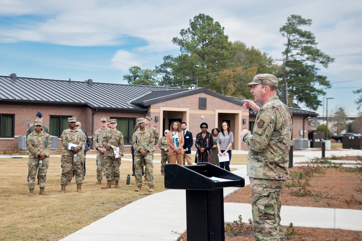 U.S. Air Force Col. Michael Freeman, 628th Air Base Wing commander, gives a speech during the ribbon-cutting ceremony for a new temporary lodging facility on Joint Base Charleston, South Carolina.