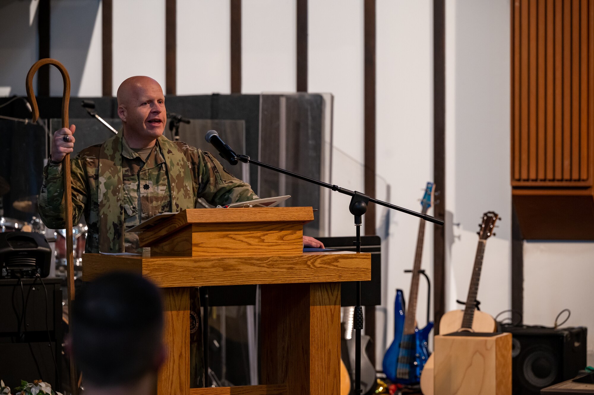 Lt. Col. Ronald Feeser, 5th Bomb Wing command chaplain, gives a speech during an Assumption of the Stole Ceremony at Minot Air Force, North Dakota, Nov. 30, 2023. Wing chaplain responsibilities include advising the commanders on matters of religion, morals and morale, ensuring troops and families have freedom to practice their religion and leading religious support operations for the base. (U.S. Air Force photo by Airman 1st Class Alexander Nottingham)