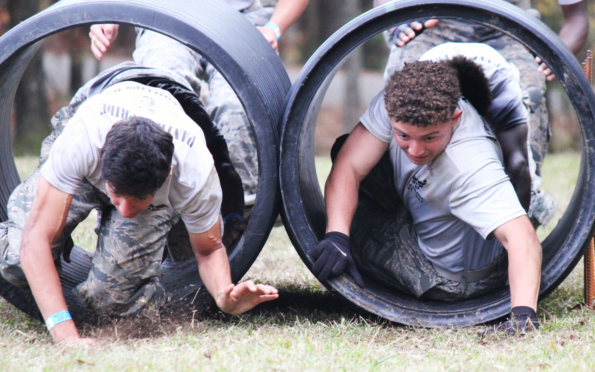 An Air Force Junior ROTC cadet competes in the Rope Bridge event.