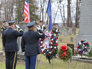 New York Army National Guard Maj. Gen. Michel Natali and  Command Sgt. Maj. Edwin Garris salute after placing a wreath from the White House marking the birthday of former President Martin Van Buren in Kinderhook, New York, Dec. 5, 2023. Natali presented a wreath from President Joseph Biden at the annual ceremony held at Van Buren’s gravesite in Kinderhook Reformed Cemetery.