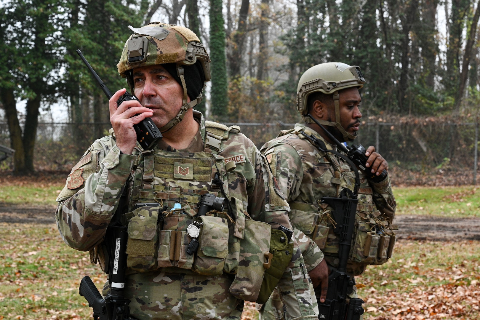 Maryland Air National Guard Tech. Sgt. Edmond Baghdassarian and Staff Sgt. Stefond Johnson, 175th Security Forces Squadron, establish communications during Operation Frosty Strike at Martin State Air National Guard Base, Middle River, Maryland, Dec. 2, 2023. The 175th Security Forces Squadron participated in a four-day training exercise.