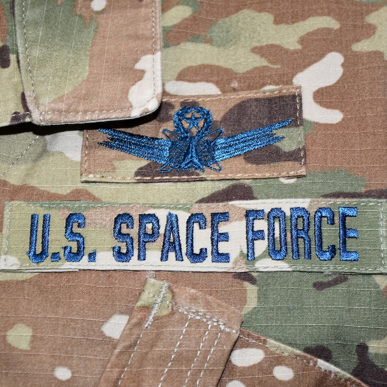 Closeup of a U.S. Space Force camouflage uniform.
