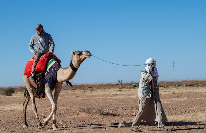 A person leads a camel and rider.