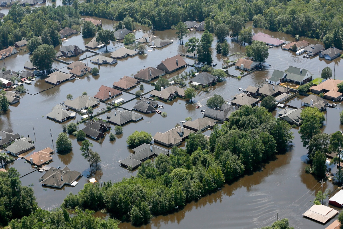 Aerial photo of flooded houses caused by Hurricane Harvey in Southeast Texas on August 31, 2017. (Air National Guard photo by Staff Sgt. Daniel J. Martinez/Released)