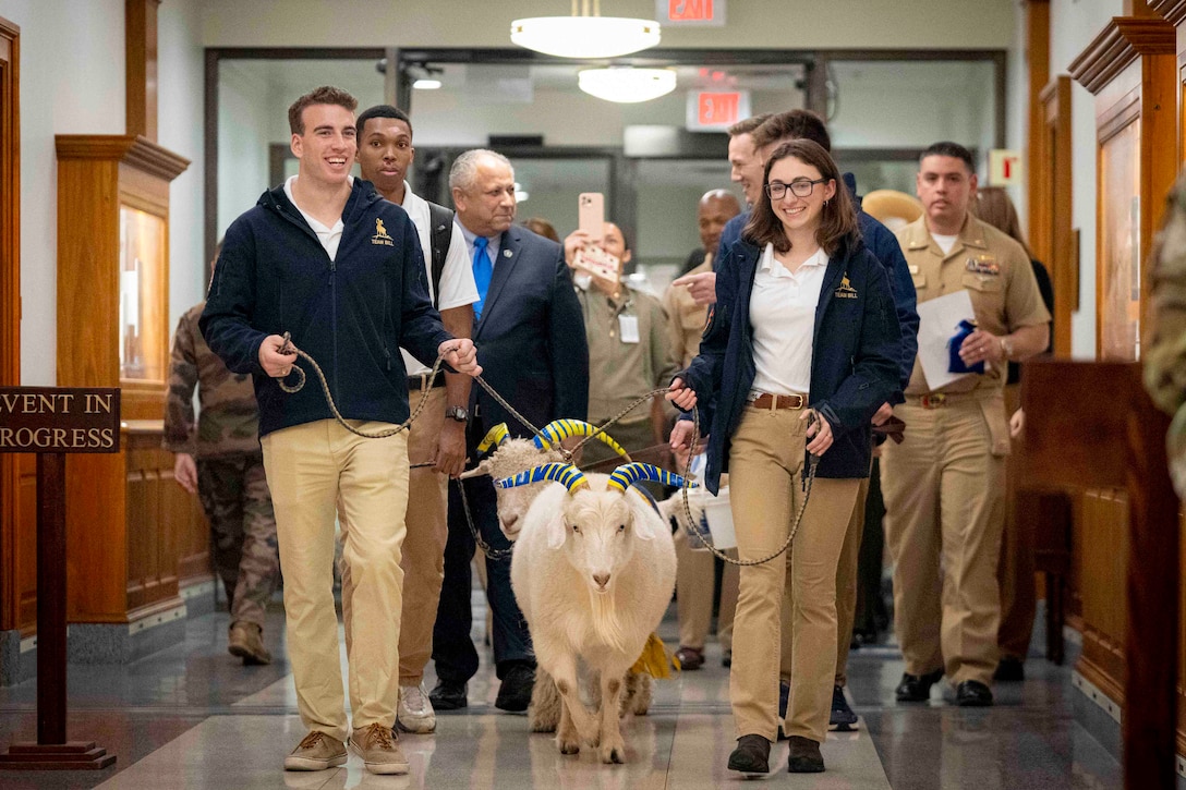 Midshipmen walk down a hallway with two goats as others walk behind.