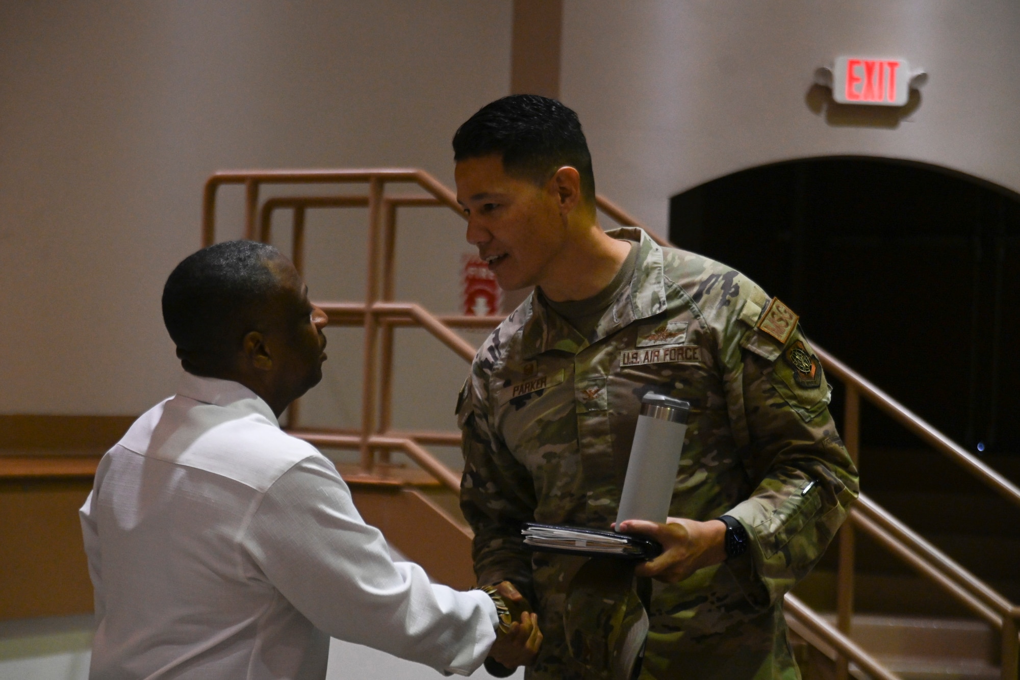 U.S. Air Force Chief Master Sgt. (Ret) Anthony Brinkley, meets Airmen and base personnel, after a Warrior Heart presentation at MacDill Air Force Base, Florida, Dec. 4, 2023. Brinkley is a recognized leadership expert, inspirational speaker and CEO of ‘On the Brink Consulting’. Brinkley served 12 years and a First Sergeant and six as a command chief. (U.S. Air Force photo By Senior Airman Jessica Do)