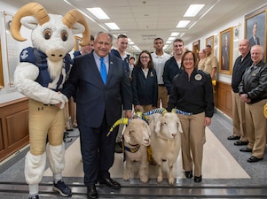 WASHINGTON (Dec. 4, 2023) - Secretary of the Navy Carlos Del Toro and Chief of Naval Operations Adm. Lisa Franchetti meet with U.S. Naval Academy midshipmen during an Army-Navy Game pep rally at the Pentagon, Dec. 9. Navy and Army will meet Dec. 9 at Gillette Stadium in Foxborough, Mass. for the 124th playing of America's Game, the Army-Navy Game. (U.S. Navy photo by Chief Mass Communication Specialist Amanda R. Gray)