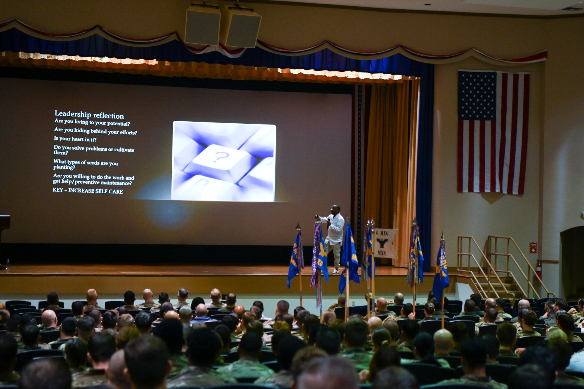 U.S. Air Force Chief Master Sgt. (Ret) Anthony Brinkley, speaks to attendees, during the Warrior Heart event at MacDill Air Force Base, Florida, Dec. 4, 2023. Brinkley is a recognized leadership expert, inspirational speaker and CEO of ‘On the Brink Consulting’. Brinkley served 12 years and a First Sergeant and six as a command chief. (U.S. Air Force photo By Senior Airman Jessica Do)
