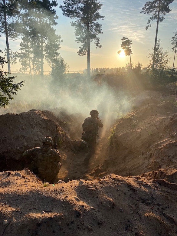 U.S. Army National Guard infantry and the United Kingdom's 7th Rifle Regiment conduct trench warfare training as part of Operation Baltic Fist in Tapa, Estonia between June 27 and July 17, 2023. Operation Baltic Fist is part of the Department of Defense's Military Reserves Exchange Program in which U.S. reserve forces train with joint NATO partners to share tactics and procedures in different joint environments. (U.S. Army National Guard photo courtesy of Staff Sgt. Peter Fleming)